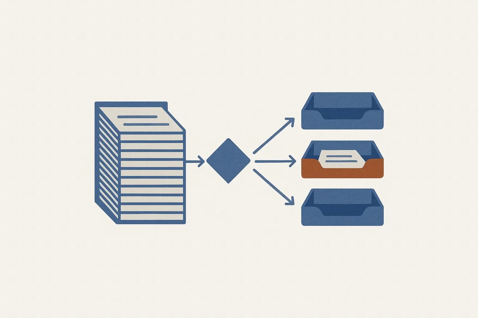 A stack of notices, an arrow into a decision diamond and three letter trays; only the middle, orange tray receives a sheet.